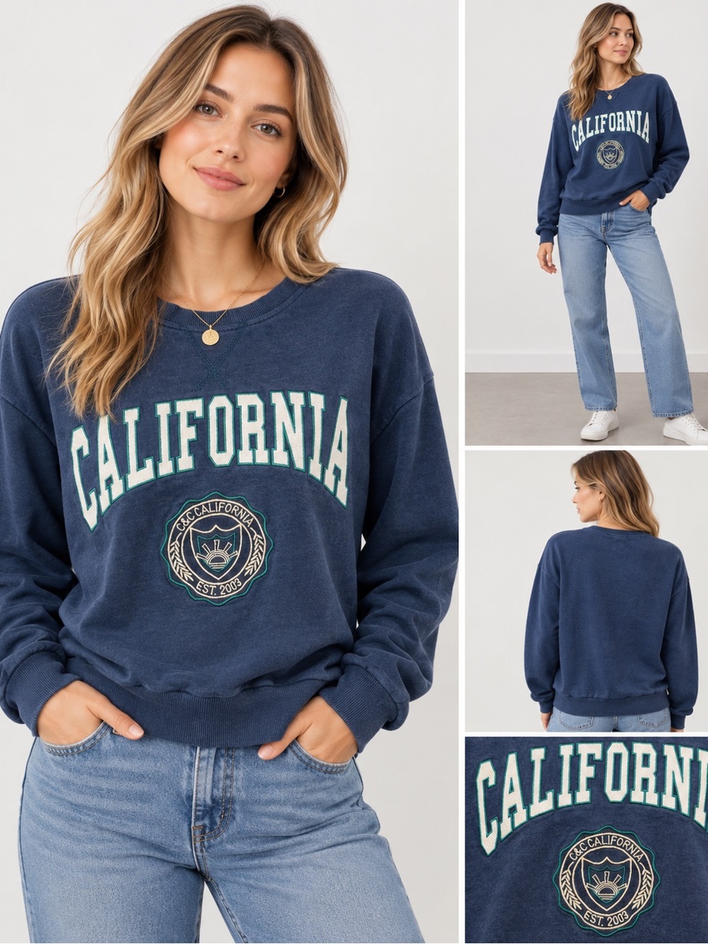 C&C California Navy Collegiate Embroidered Sweatshirt M NWOT